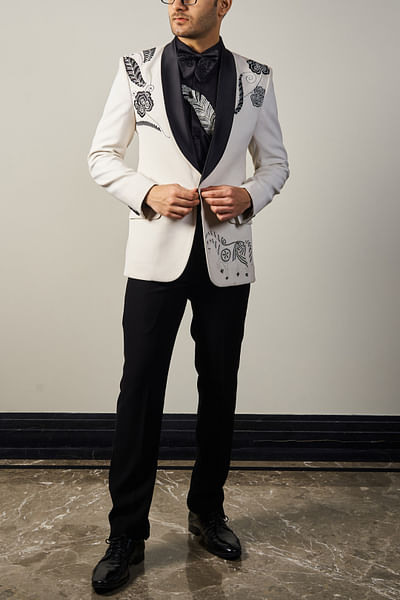 Black and white floral embroidered tuxedo set