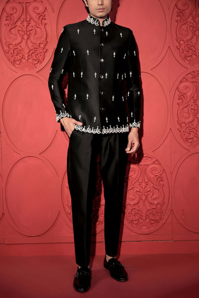 Black embroidered bandhgala set