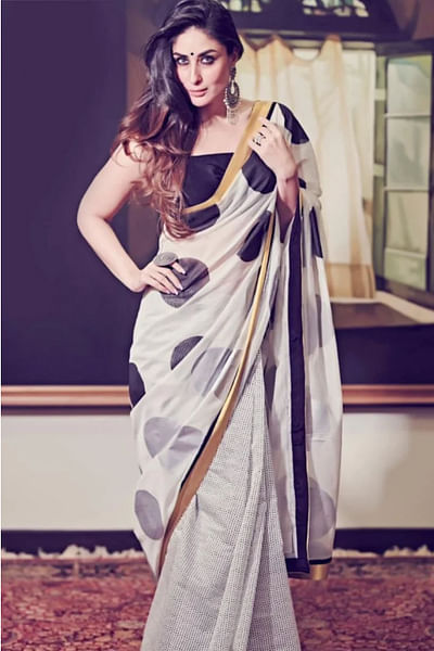 Black and white polka printed sari set