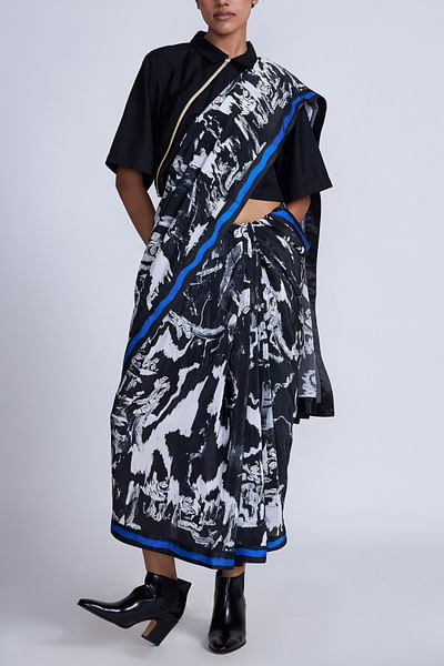 Black and white printed sari