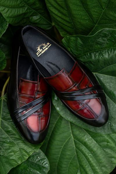 Black and wine strap detail loafers