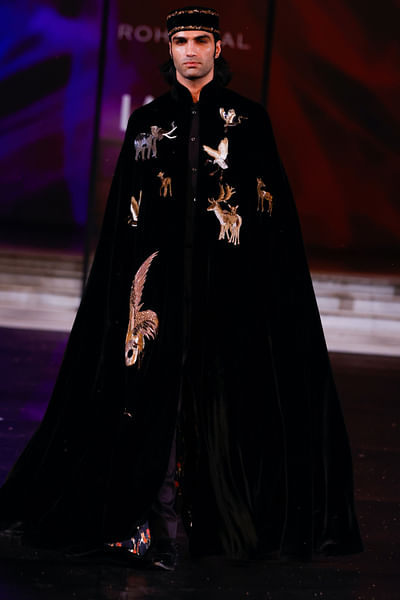 Black animal embroidered velvet cape