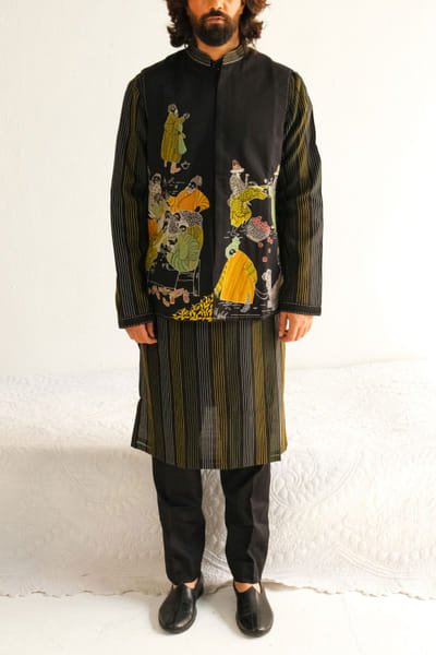 Black applique embroidered bandi kurta set
