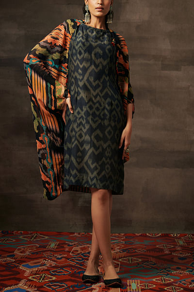 Black artisanal print dress and cape