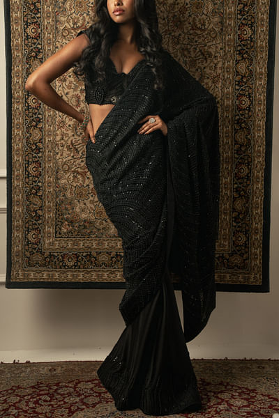 Black bead embroidered sari set