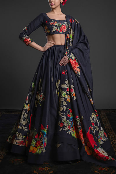 Black bird printed lehenga set
