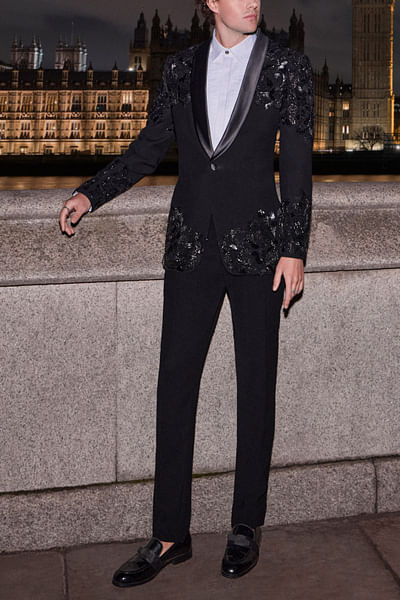 Black bugle bead embroidered tuxedo set