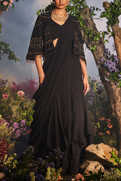 Black cape and lehenga sari set