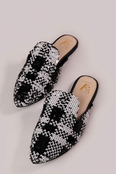 Black checkered sequin embellished mules