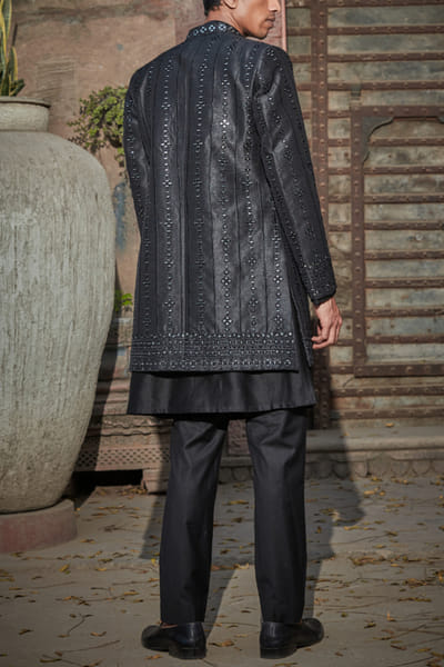 Bohame Black chikankari embroidered jacket set BOHMAY2415