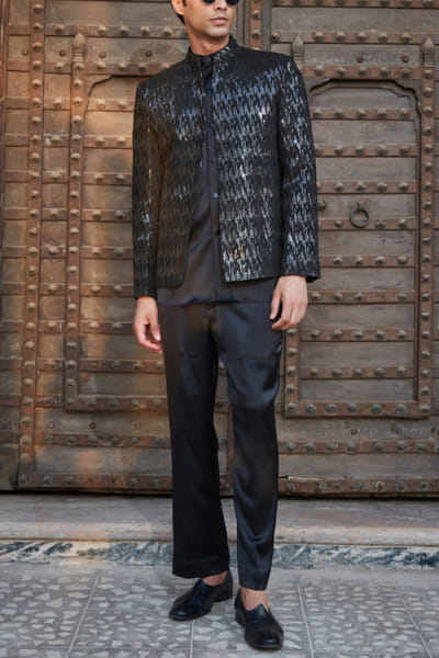 Bohame Black chikankari embroidery jacket set Boh006823