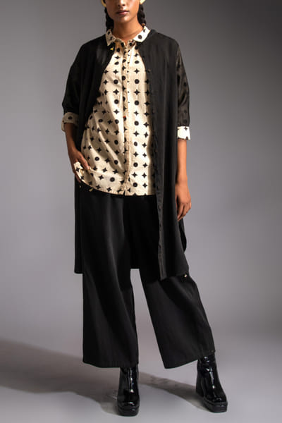 Black cotton satin shirt overlay set