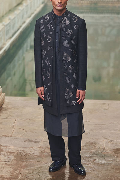 Black criss cross embroidered sherwani set