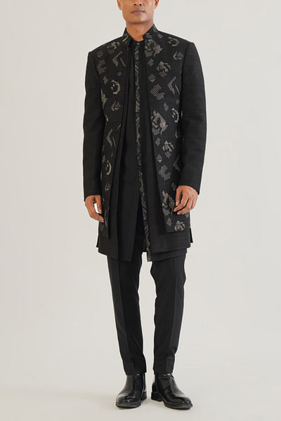 Black criss cross print sherwani