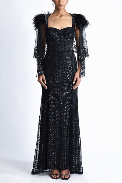 Black crystal embellished cape and gown