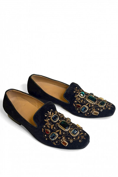 Black crystal embellished loafers