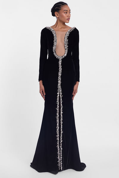 Black crystal embellished velvet gown