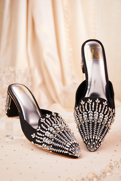 Black crystal embroidered mule heels