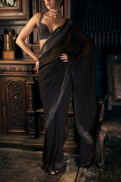 Seema Gujral Black crystal embroidery sari set SEGJAN2404