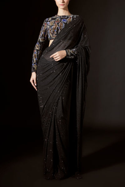 Black crystal pre-stitched sari set