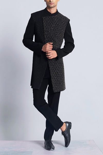 Black cutdana embroidered achkan set