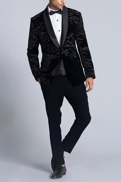 Black cutdana embroidered velvet tuxedo set