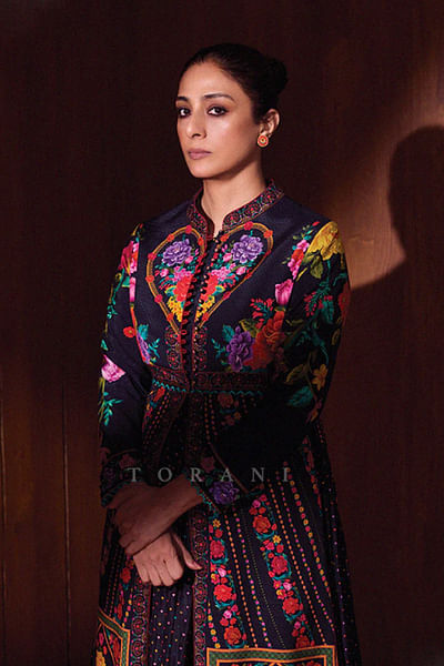 Black digital printed jacket anarkali set