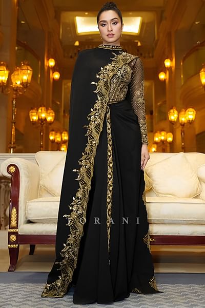 Black dori embroidered corset anarkali and cape