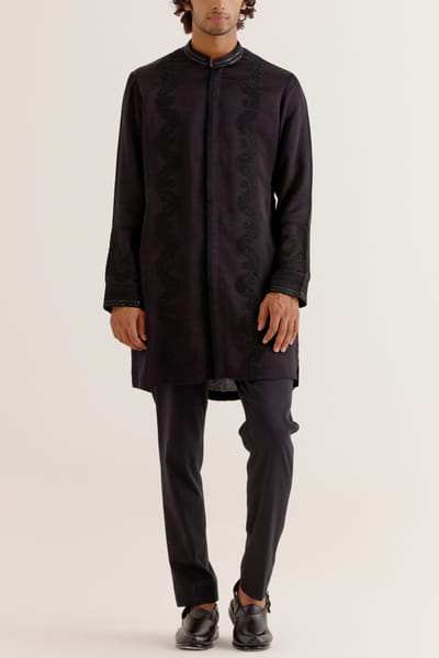 Devnaagri Black dori embroidered front open kurta set DEVDEC24D11881