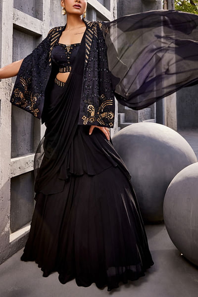 Black draped lehenga sari set