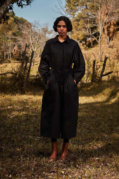 Black drawstring waist shirt dress