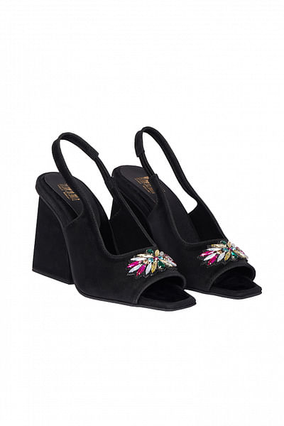 Black embellished block heels