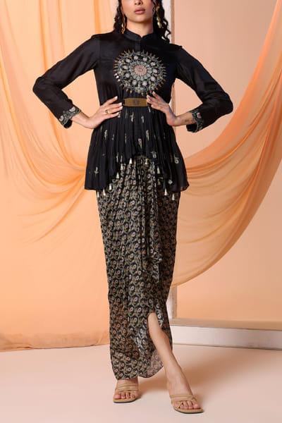 Black embellished drape skirt set