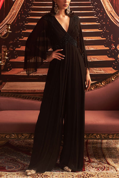 Black embellished draped jumpsuit