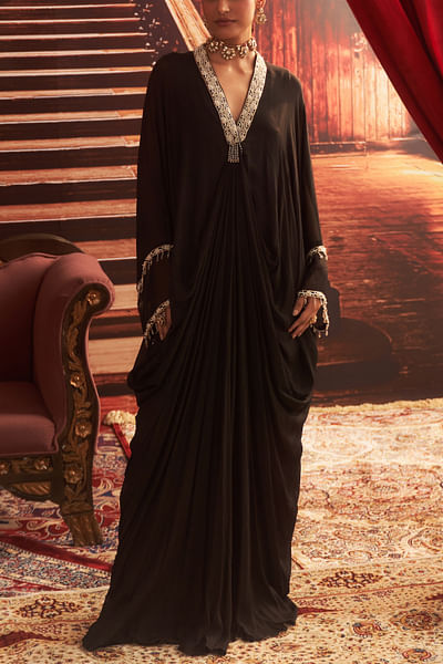 Black embellished draped kaftan