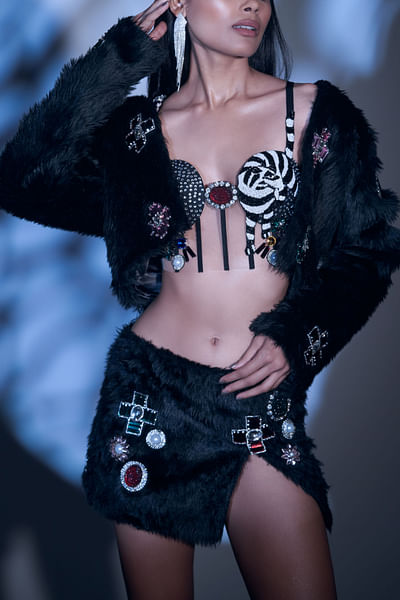 Black embellished faux fur mini skirt