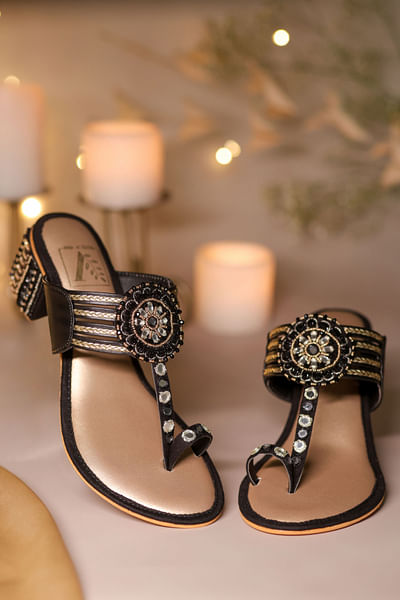 Black embellished kolhapuri block heels