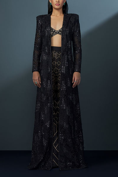 Black embellished mesh jacket and sharara set
