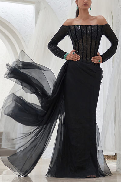 Black embellished off-shoulder gown