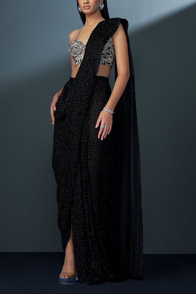 Black embellished pre-draped dhoti sari set