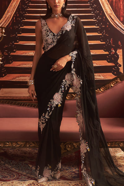 Black embellished pre-draped floral sari set