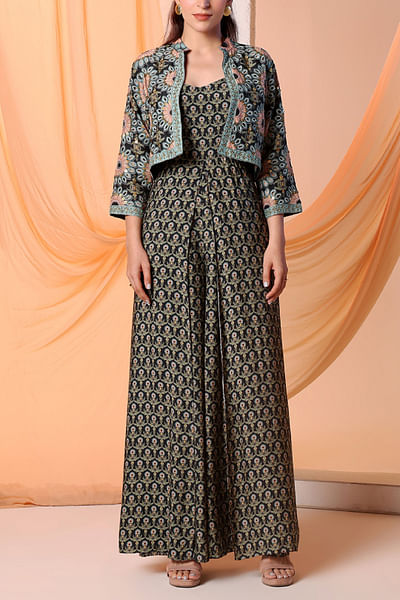 Black embellished printed jacket and jumpsuit