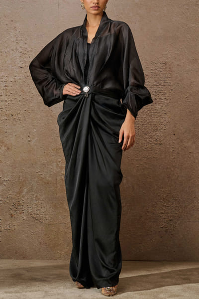 Black embellished ruched top and trousers