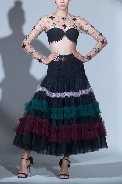 Black embellished skirt and crop top