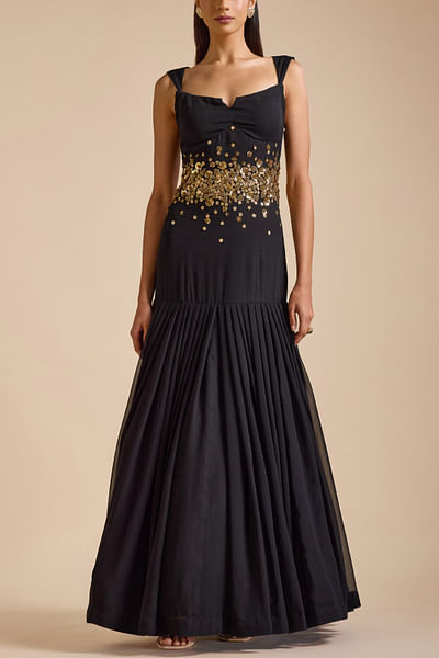 Black embellished tiered gown