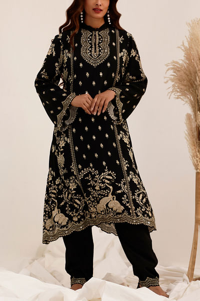 Black embroidered A-line kurta set