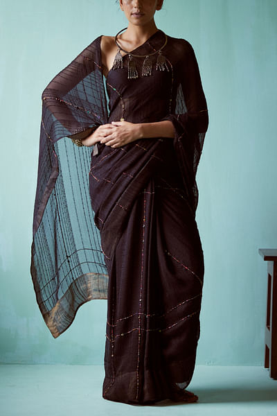 Black embroidered and textured sari