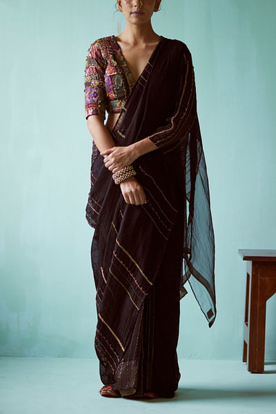 Black embroidered and textured sari set