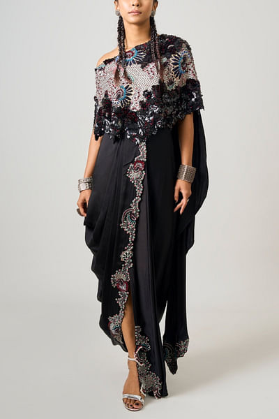 Black embroidered cape and sari skirt