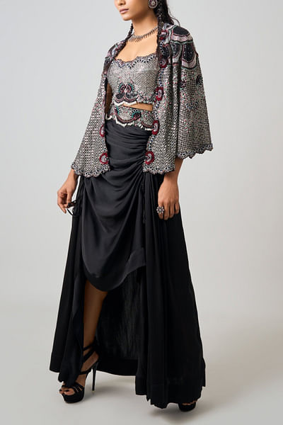 Black embroidered cape and skirt set